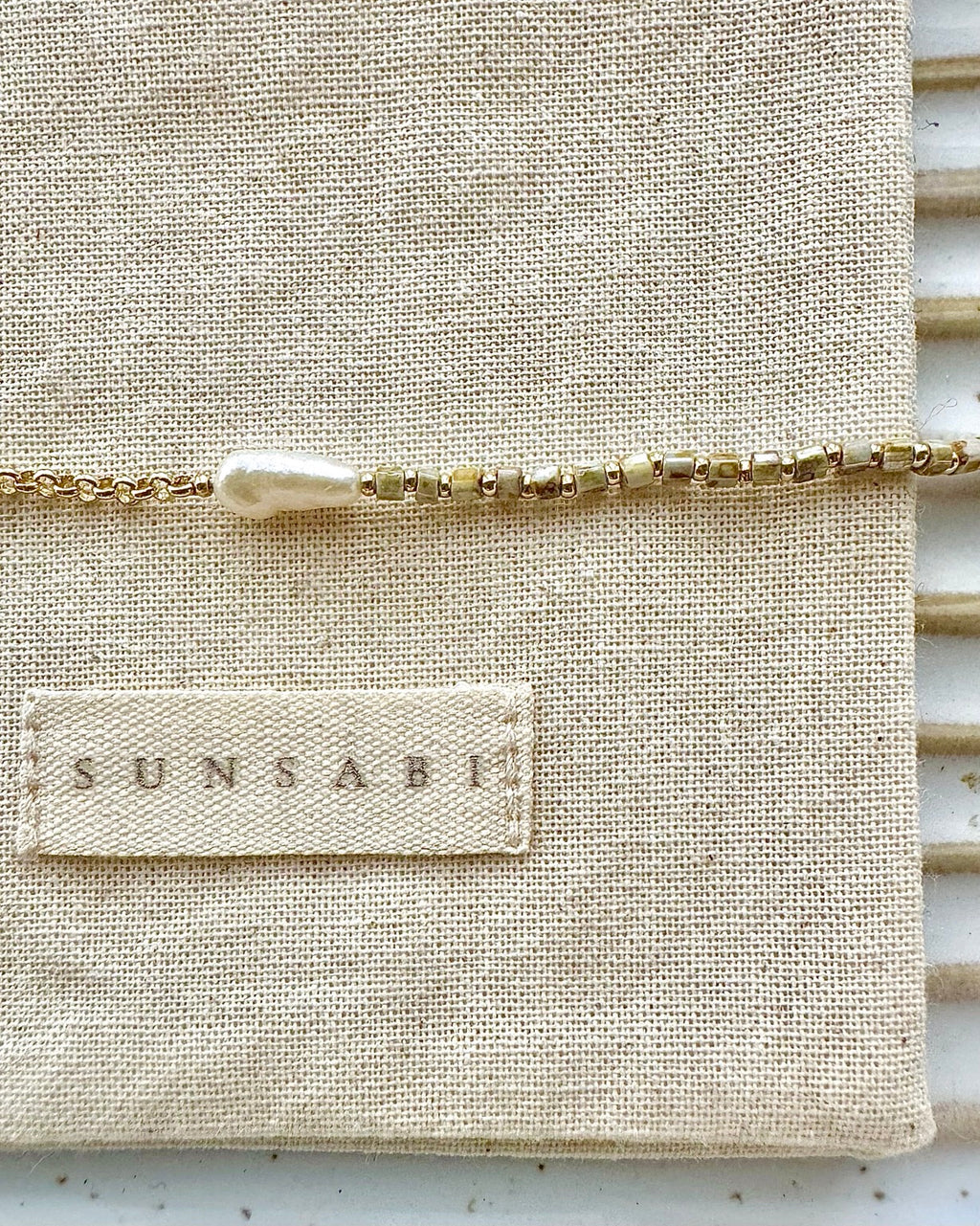 Close detail of SUNSABI BEING freshwater Biwa pearl and Japanese Miyuki bead bracelet