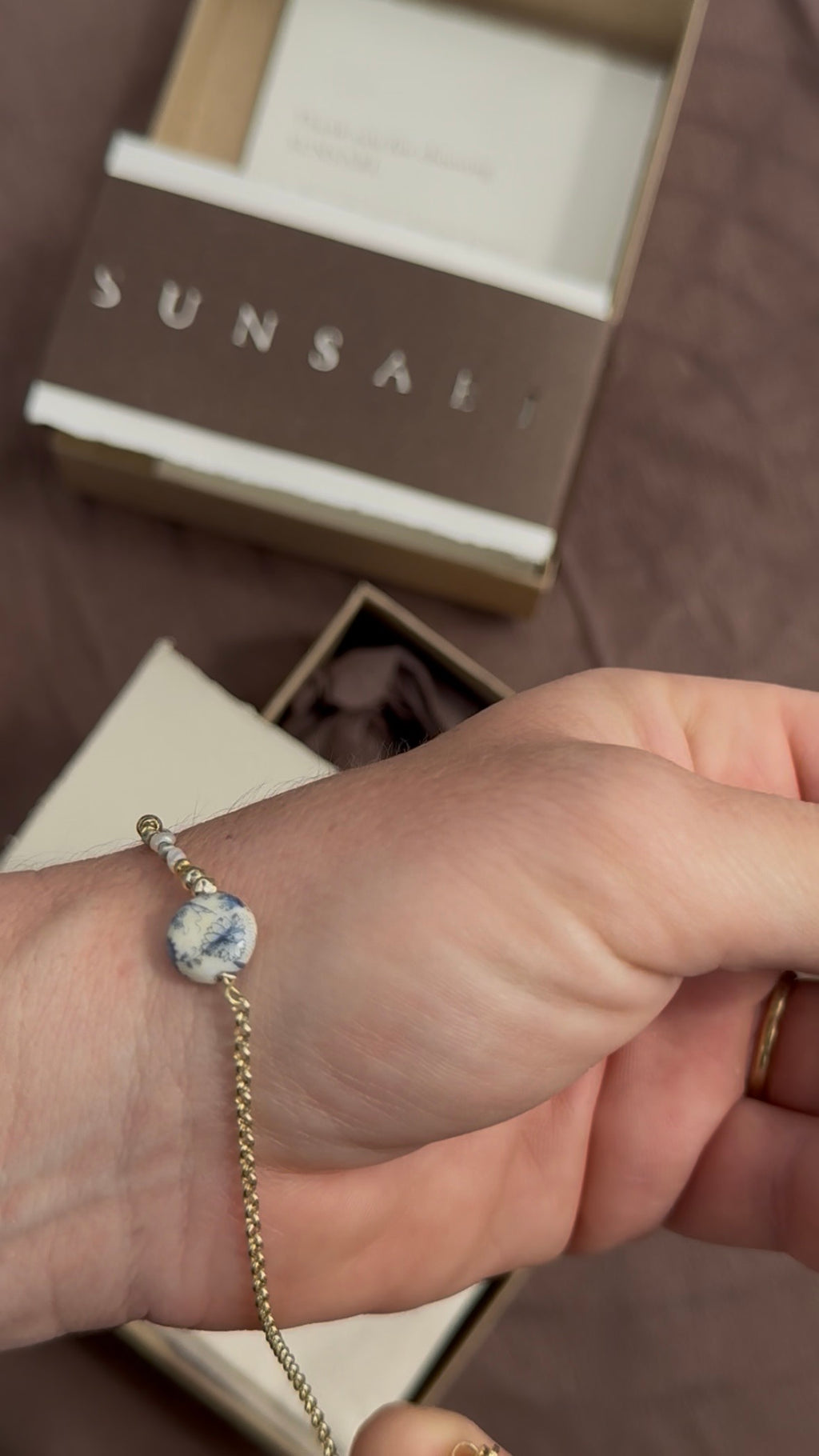 Portobello Sky vintage Japanese Tensha and 14k gold-filled bracelet worn on the wrist