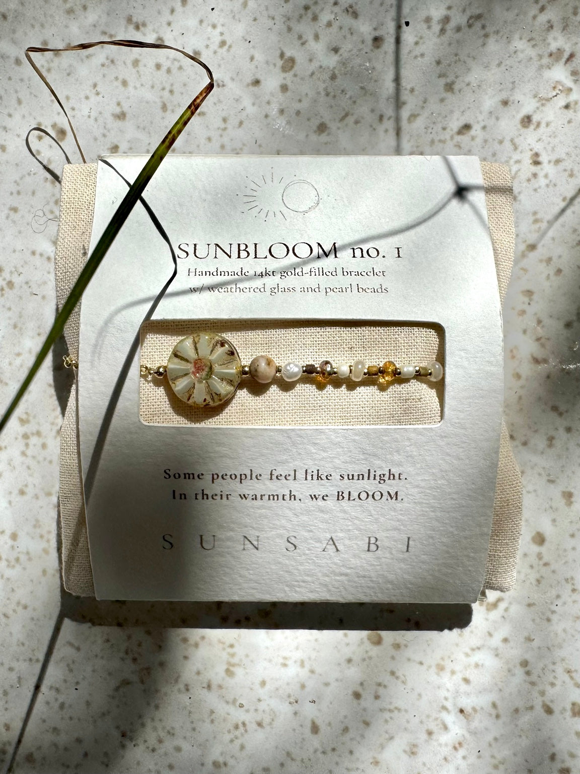 SUN BLOOM No. 01 handmade 14k gold-filled bracelet with pearl and glass beads in SUNSABI story packaging