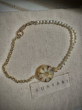 Full view of SUN BLOOM No. 03 with ivory glass seed beads, 14k gold-filled details, rolo chain and Picasso Czech bloom